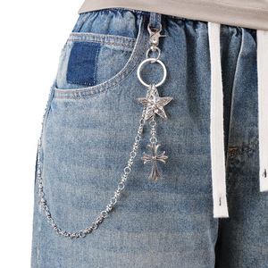 Chaîne de taille Yueli en argent tibétain, style hip-hop punk européen et américain, avec pendentif croix et étoile, chaîne décorative unisexe pour jean - Product Image 5