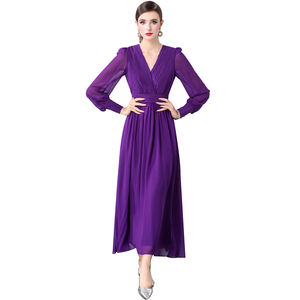 Droma Prêt à Expédier Mode Violet Jupe Plissée Manches Longues Col en V Robe pour Femmes Élégante Robe de Soirée Longue - Product Image 6