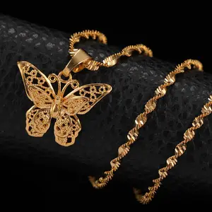 Collier à pendentif long en acier inoxydable pour femmes, plaqué or véritable, double couche, papillon, accessoires, vente en gros, nouveauté 2021