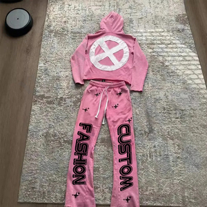 Vestuário Fabricante Logotipo Personalizado Puff Print Cotton Cuff Cut Edge Vintage Casual Homens Zip up Hoodie e Calças Quebra-Cabeçalho Conjunto - Product Image 3