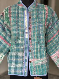 <b>Quilted</b> Tweed <b>Jacket</b> Mandarin Collar Plaid <b>Pattern</b> Full Sleeve Autumn Women's Coat Button Closure Regular Length - Product Image 4