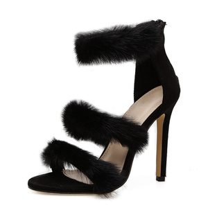 <span class=keywords><strong>Scarpe</strong></span> stile Vintage arancione <span class=keywords><strong>tacco</strong></span> alto rosa caldo sandalo Sexy con decorazione di pelliccia - Product Image 1