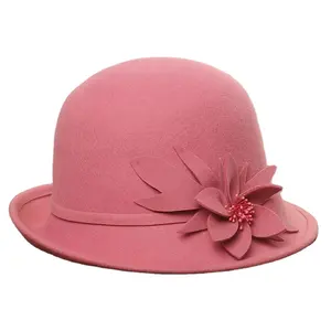 Señoras moda sombreros niñas elegante Rosa Lana Fieltro Derby bombín Iglesia vestido Sombreros Cloche sombrero con acento floral