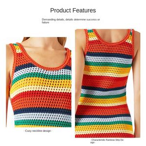 فستان نسائي مثير بخصر عالٍ، فستان محبوك ضيق مجوف بألوان مخططة زاهية، وياقة على شكل U، بدون أكمام - Product Image 3