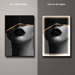 Moderno oro nero ritratto <span class=keywords><strong>di</strong></span> moda donna porcellana <span class=keywords><strong>di</strong></span> cristallo pittura con cornice a LED stampato da parete arte per soggiorno - Product Image 5