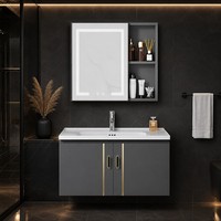 Meuble de salle de bain moderne et écologique avec miroir LED, robinet à arrêt progressif mural et vasque de rangement.