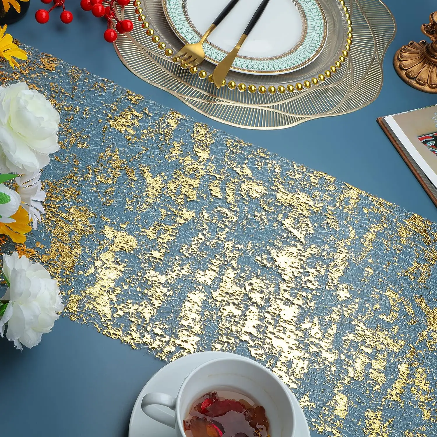 Altın masa koşucu pullu Glitter folyo metalik altın ince örgü masa koşucu olay parti düğün doğum günü partisi noel için