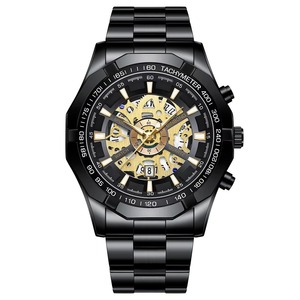 Montre chronographe sport pour homme, cadran squelette, acier inoxydable, étanche, quartz lumineux avec fenêtre de calendrier - Product Image 3
