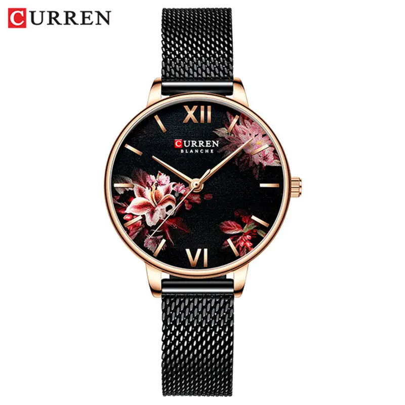 นาฬิกาข้อมือ CURREN 9059สีดำนาฬิกาสแตนเลสตาข่ายนาฬิกาข้อมือควอตซ์หญิง Casual Charm นาฬิกาสำหรับสุภาพสตรี