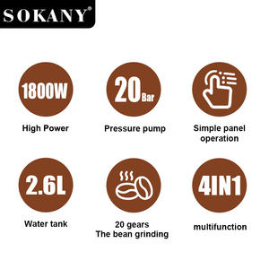 <span class=keywords><strong>เครื่อง</strong></span>ทำกาแฟกึ่งอัตโนมัติทำจากสเตนเลส SOKANY04032พร้อมเครื่องบดในตัวเครื่องทำฟองนมไอน้ำ220V - Product Image 6