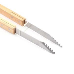 Juego de herramientas para barbacoa de acero inoxidable con mango de madera de caucho, 3 piezas, espátula, pinzas y tenedor portátiles para asar al aire libre - Product Image 5