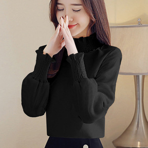 Women's Blouse White Long Sleeve Ruffles High Neck Solid Color Everyday Wear T-Shirt - Product Image 3