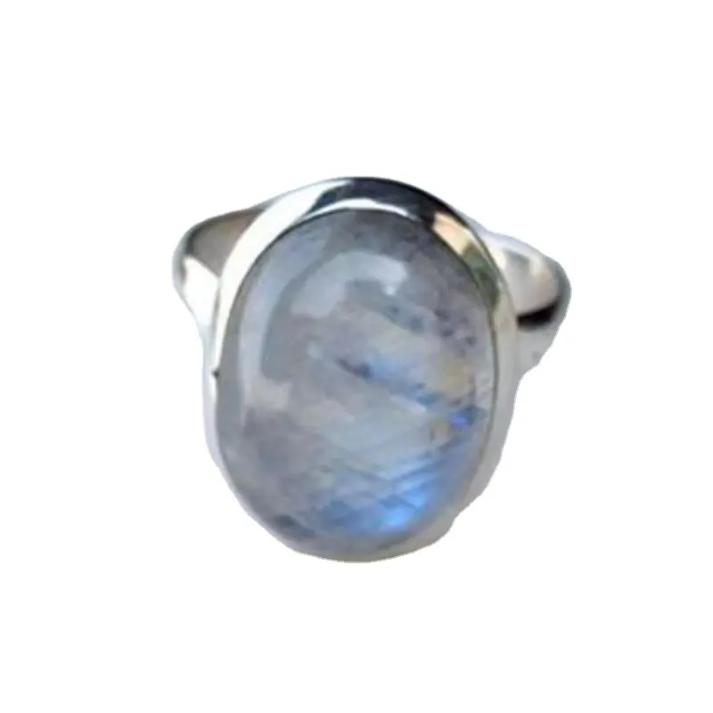 Best Selling Natural Blue Flash Stone Ring Unique Design Rainbow Moonstone Vintage Ring