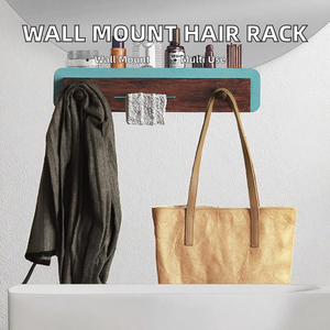 Étagère murale de rangement simple niveau en aluminium gris anthracite pour sèche-cheveux et outils de salle de bain, finition bois blanc - Product Image 2