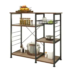 Kitchen Organizer Shelf 4-Tier Kitchen Baker's Rack Coffee Bar Microwave Stand Cart with Wire Basket & 6 Side Hooks