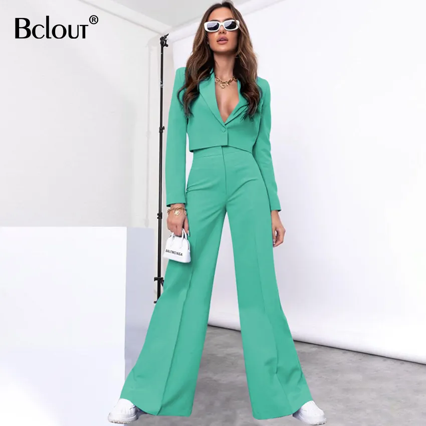 Bclout Fashion High Waist Wide Leg Pants Suit Trend Solid Color Short Long Sleeve Small Suit European Women's Pant Suits