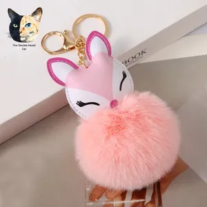 Cute Fox Key Chains Fashionable Rabbit Fur Pompom Key Ring Leather Cartoon Animal Key Chain Bag Pendants Decoration