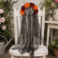 Coiffe florale en voile et couronne capillaire en maille araignée, motif gerbera rouge-orange automnal, pour le défilé urbain du Día de los Muertos