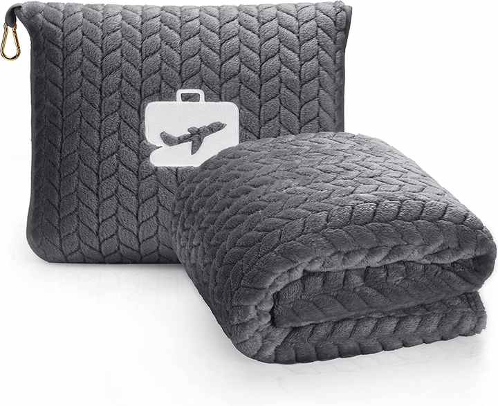 Premium Travel Blanket Pillow Flannel Embossed Fleece Soft 2 in 1