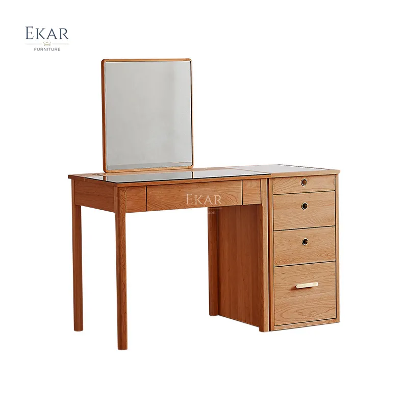 EKAR फर्नीचर लक्जरी डिजाइन सरल ड्रेसिंग टेबल दर्पण और दराज के साथ चेरी लकड़ी के ड्रेसिंग टेबल