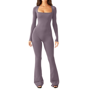 <span class=keywords><strong>Mono</strong></span> de mujer estilo europeo-americano de <span class=keywords><strong>manga</strong></span> <span class=keywords><strong>larga</strong></span> con cuello cuadrado, cintura alta, control de abdomen, levantamiento de glúteos y pierna ancha de alta elasticidad - Product Image 4