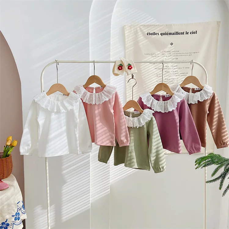Güney kore ilkbahar ve sonbahar kız dantel yaka düz renk bebek bebek yaka taban T-Shirt