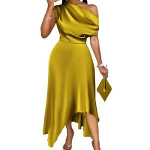 Custom Women Asymmetrical <b>One</b> Shoulder Solid Color Casual <b>Dress</b> Elegant Shoulder Waist Belt Side Split Washable Natural - Product Image 3