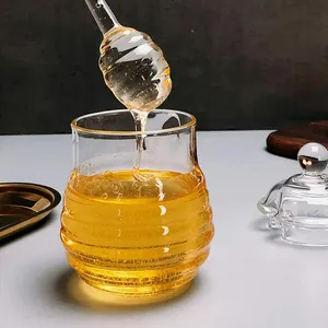 핫 세일 10 온스 투명 고 붕규산 꿀 유리 냄비 국자와 뚜껑 유리 내열성 투명 꿀 항아리 저장 꿀