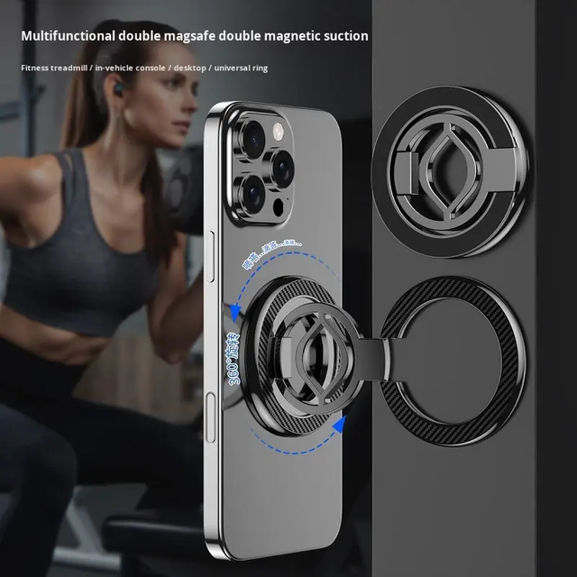 Dual-sided Magnetic Phone Ring Buckle Holder Double-axis 3-fold Adjustment Rotating Desktop Mobile Stand Gym Magnet Phone Mount
