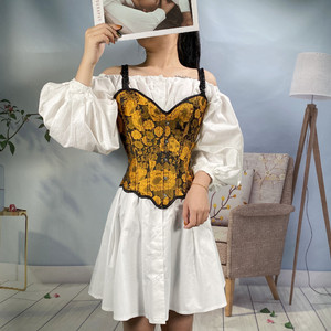 Corset gothique jaune à imprimé floral avec bretelles de soutien-gorge, baleines en acier, serre-<span class=keywords><strong>taille</strong></span>, dos lacé, style vintage, pour soirée - Product Image 2