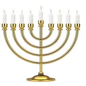 Golden Menorah Candle Holder with Flameless Candles for Jewish Hanukkah Religious <b>Activities</b> Decorative Metal Candelabra - Product Image 1