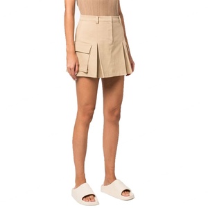 Casual <b>Skirts</b> Women Brown Twill Cotton Zip Fly Pleated Cargo Mini <b>Skirt</b> With Side Pockets - Product Image 4
