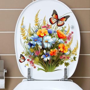 Autocollants de toilettes, décoration murale de salle de bain, fleurs, plantes vertes, papillons, autocollants muraux en vinyle, autocollants muraux à coller et à décoller - Product Image 1