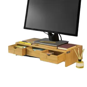 Natural Bamboo Desktop Monitor Stand Computer Monitor Riser TV Stand with Slots bamboo organizer laptop desk with drawer