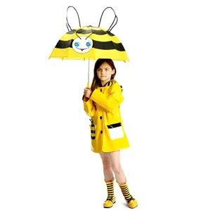 custom printed branded waterproof safety pvc polyester yellow children kids rain coat raincoat with umbrella