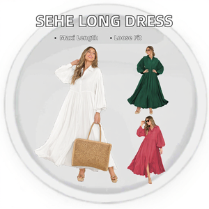 Elegante Abito Lungo in Chiffon Fluido con Collo a Risvolto e Pieghe Sottili per Uscite Autunnali - Product Image 1