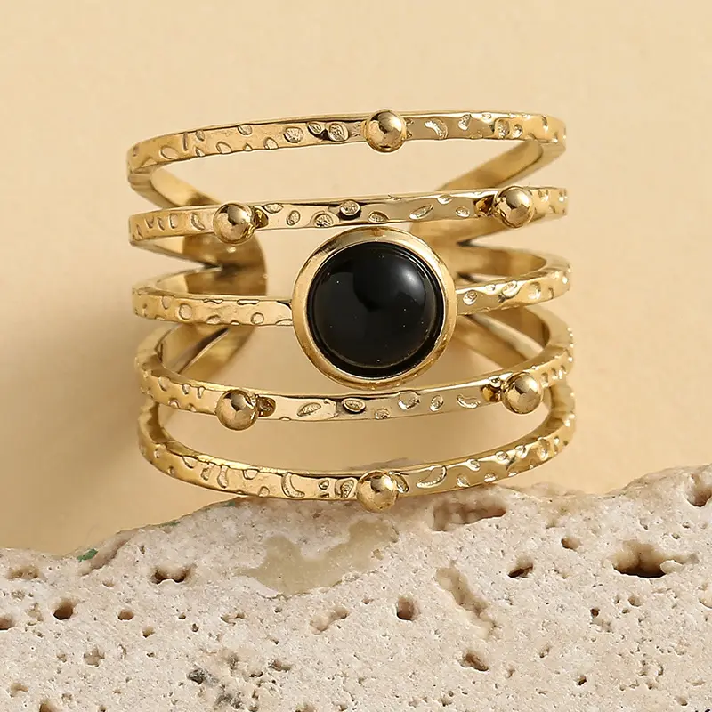 Popular 18K Gold Pvd Plated Opening Natural Stone Ring Stainless Steel Black Onyx Stone Finger Ring