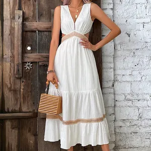 Women Sexy Deep V-neck Floral Embroidered Lace Maxi Dress Lace Insert Cut Out Waist Ruffle Hem Dress