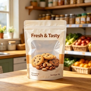 Sachet Doypack transparent sur mesure avec fenêtre, thermoscellable et refermable à fermeture éclair pour snacks, biscuits, noix et fruits secs - Product Image 1