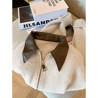 Vintage Lazy-Style Weicher Strickpullover mit Lederkragen und Patchwork-Design, Damen-Cardigan für Herbst/Winter, Schlicht und Hochwertig