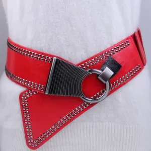 Women two pieces joint flowers shape hollow decoration buckle ladies girls PU metal studded spandex elastic band belts