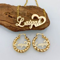 Ensemble de bijoux personnalisés avec nom, collier et boucles d'oreilles en acier inoxydable, chaîne Cuba, collier avec lettre personnalisée 18K, cadeau pour femme