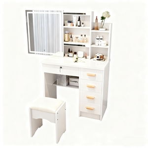 Espejo de tocador compacto para dormitorio <span class=keywords><strong>con</strong></span> almacenamiento oculto, escritorio de maquillaje de lujo moderno y minimalista gabinete de almacenamiento, Unidad de escritorio todo en uno - Product Image 2
