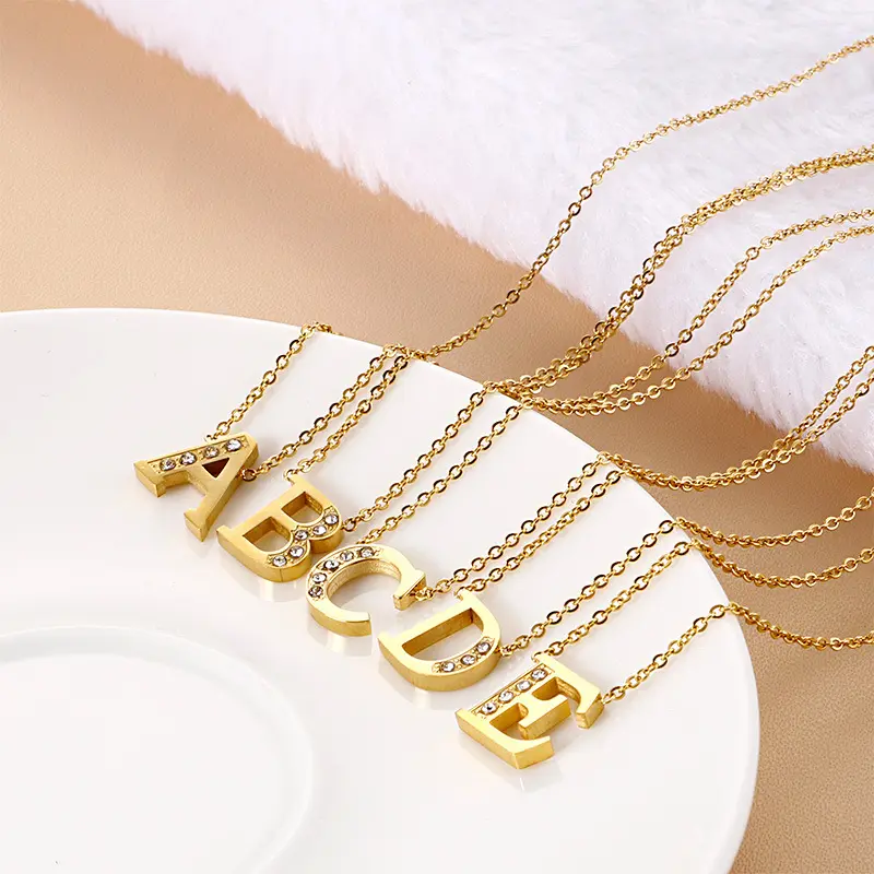 Charm Dainty Wedding Jewelry Stainless Steel Gold Plated Zircon 26 Letter Name Alphabet Pendant Initial Necklace For Women