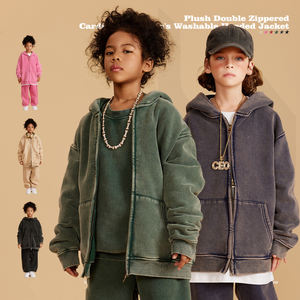 Logo personnalisé hiver polaire épais fermeture éclair à capuche et Jopper ensemble tissu délavé à l'acide vintage <span class=keywords><strong>enfant</strong></span> fermeture éclair manteau à capuche - Product Image 2