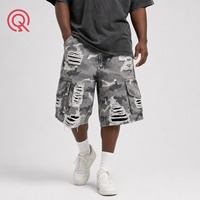 Promotion : Jorts en jean délavé camouflage rétro de haute qualité OEM pour hommes, avec poches cargo fonctionnelles et déchirures aux genoux