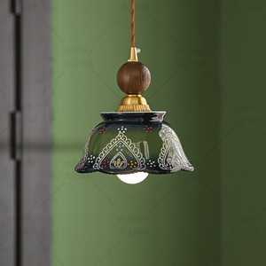 French <b>Style</b> Green Ceramic Pendant Light Led Single <b>Head</b> Home Entryway Vintage Handmade Round Chandelier - Product Image 1