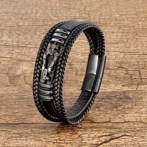 Bracelet en cuir véritable pour <span class=keywords><strong>homme</strong></span> avec fermoir magnétique en acier inoxydable personnalisé de haute qualité, logo personnalisé, charme multi-couches en forme de <span class=keywords><strong>sabot</strong></span> de cheval, CZ, SL-335 - Product Image 2