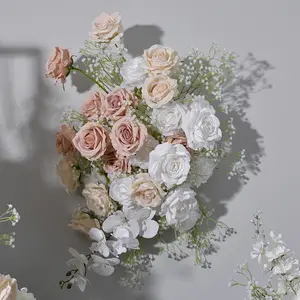ดอกไม้งานแต่งงานสีขาวตกแต่งงานแต่งงานตาราง Runner ฉากหลังดอกไม้แถวดอกไม้ประดิษฐ์