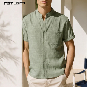 Camisa de Hombre de Lino y Algodón de Manga Corta con Cuello Mandarín, Color Sólido, Casual, Transpirable, Estilo Old Money, Verano - Product Image 4
